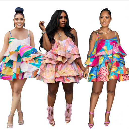 RC3168 cross-border European and American women's clothing Amazon hot selling style level printing plastic Fishbone suspender dress