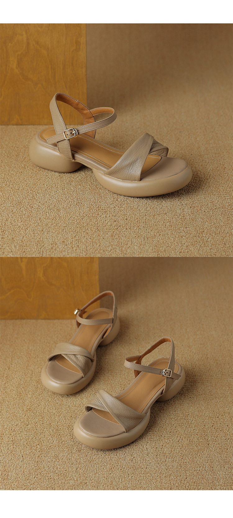Sandal nữ da cừu đế dày gót thô hở ngón quai ngang phong cách La Mã — Màu trắng be chi tiết 13