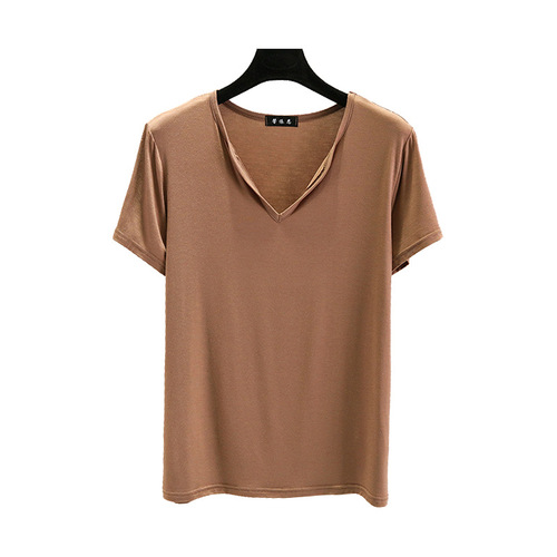 Women's Summer V-Neck Modest Short Sleeve T-Shirt Loose Korean Style Large Size Plain Color Base Layer Top Wearable Inner Shirt