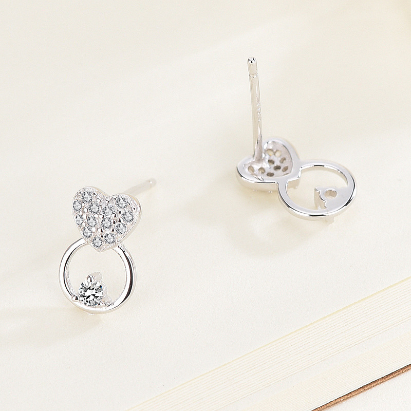925 Sterling Silver Material 1 Pair 925 Sterling Silver Zircon Heart Shape Ear Studs