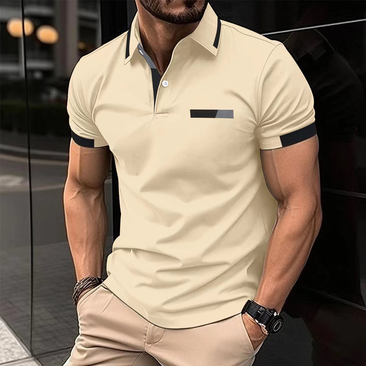 Amazon nuevo transfronterizo de los hombres de la camisa de polo ocasional pecho falso bolsillo solapa botón de negocios camiseta superior de los hombres