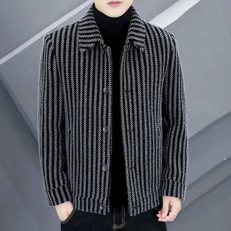 가을과 겨울 새로운 남자 코트 하이 엔드 올 매치 기모 두꺼운 줄무늬 모직 코트 옷깃 캐주얼 재킷 따뜻한