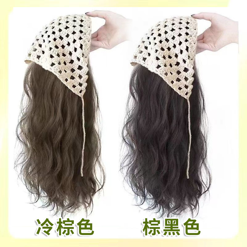 Perruca de mujer cubierta de cabeza de simulación de cabello idílico turbante de cabello integral agua ondulada red sombrero rojo cabello largo rizado punto