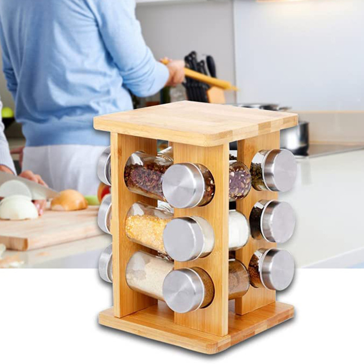 Bamboo kitchen storage rack rotating feasting rack countertop seasoning oil salt sauce vinegar seasoning storage shelf wood