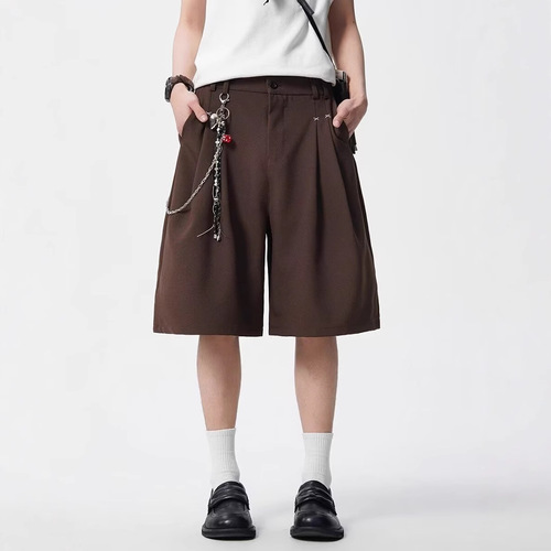 American vibe pleated men's summer streetwear retro versatile casual shorts high street loose wide-leg five-pocket pants