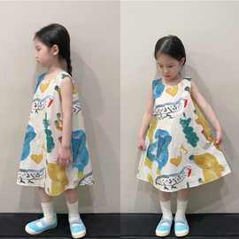 2024夏季新款韩国版女童可爱扎染伞裙女宝宝洋气无袖公主连衣裙潮