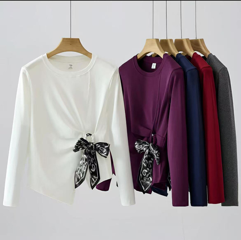 French-Style Relaxed Silk Scarf Tie Waist Pleated Women's Long-Sleeve T-Shirt Slimming Tummy-Covering Top for Autumn French-Style Relaxed Silk Scarf Tie Waist Pleated Women's Long-Sleeve T-Shirt Slimming Tummy-Covering Top for Autumn