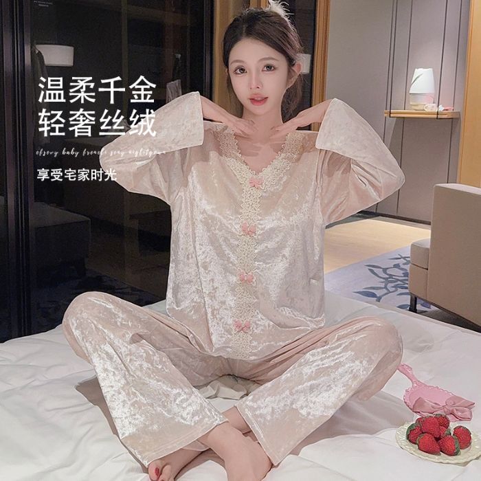 Pajamas for Women in Autumn and Winter Diamond Velvet with Breast Pads, High-End Luxury Thickeneded Warm and Wearable Suit 2025 New Style