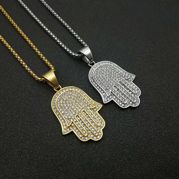 European and American Cross-Border Hip-Hop Hiphop Jewelry Titanium Steel Gold-Plated Diamond Fatima's Hand Pendant Necklace