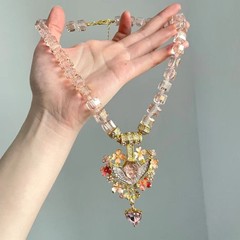 中古vintage睡梦天使吊坠爱心项链女款甜美高级感粉色串珠锁骨链