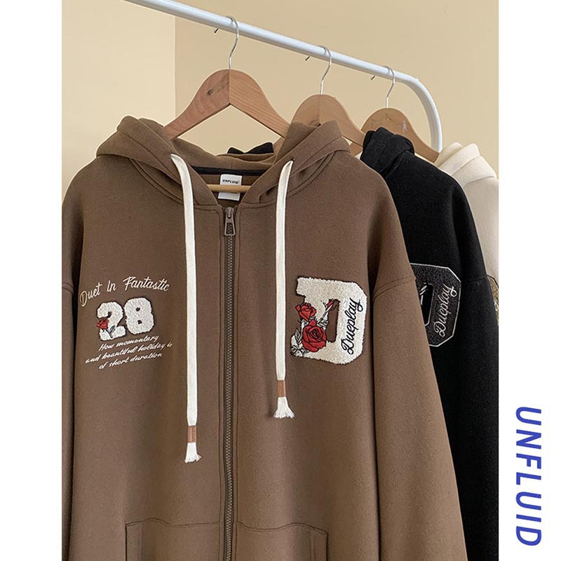 Albaricoque letras toalla bordado cardigan suéter hombres con capucha primavera y otoño americano retro moda abrigo pareja top