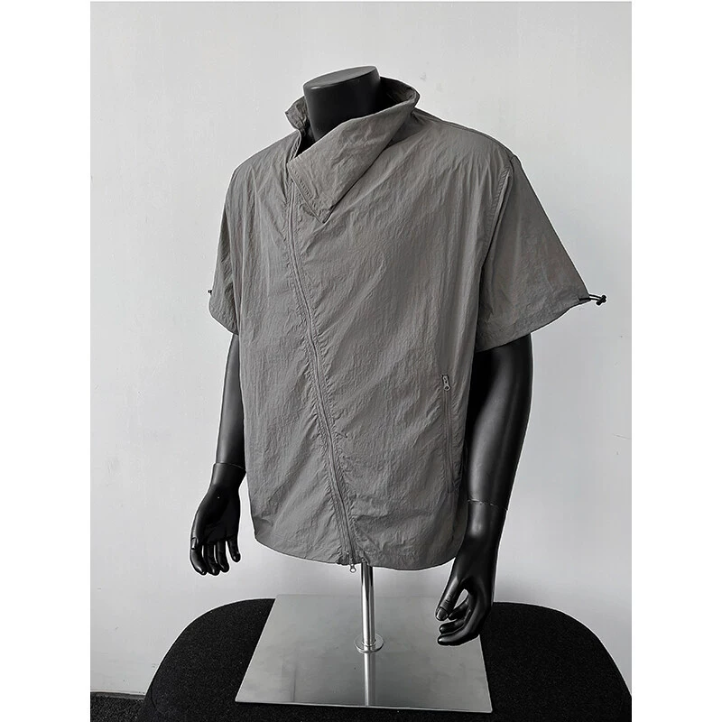 Быстросохнущая рубашка с короткими рукавами и диагональной молнией в американском стиле, мужская летняя уличная рабочая одежда в горном стиле, рубашка с воротником-стойкой и половиной рукавов с ворсом