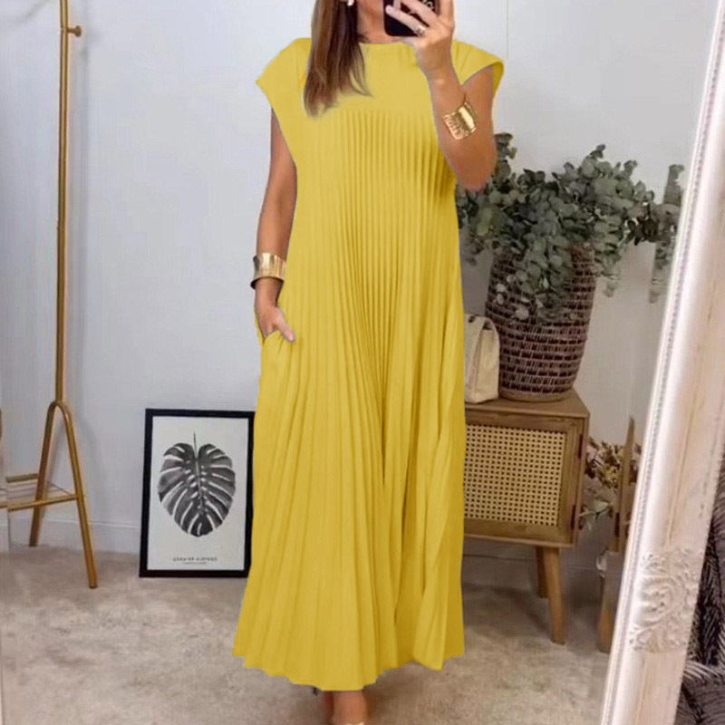Fashion Round Neck Sleeveless Pleated Dress Women's Long Skirt_mkmklike.com