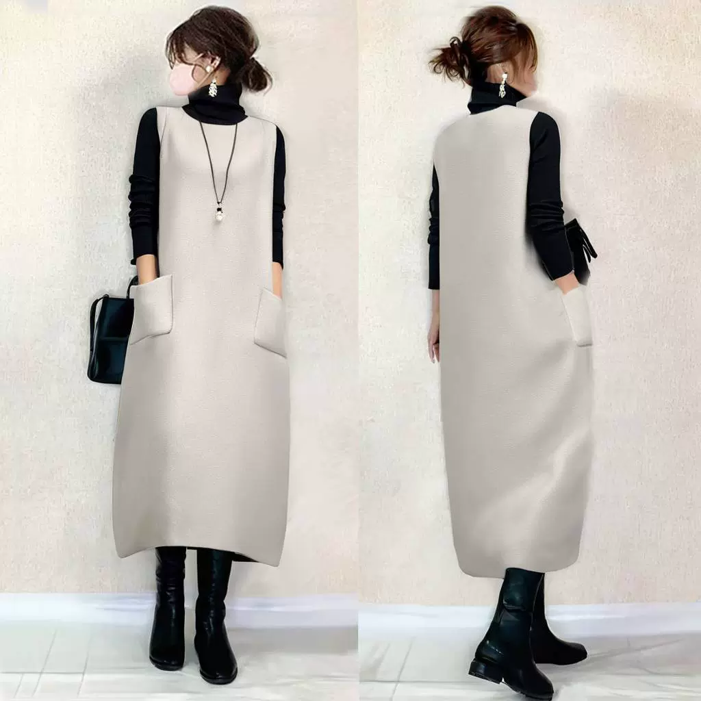 现货日系2024秋季新款圆领无袖双口袋连衣裙