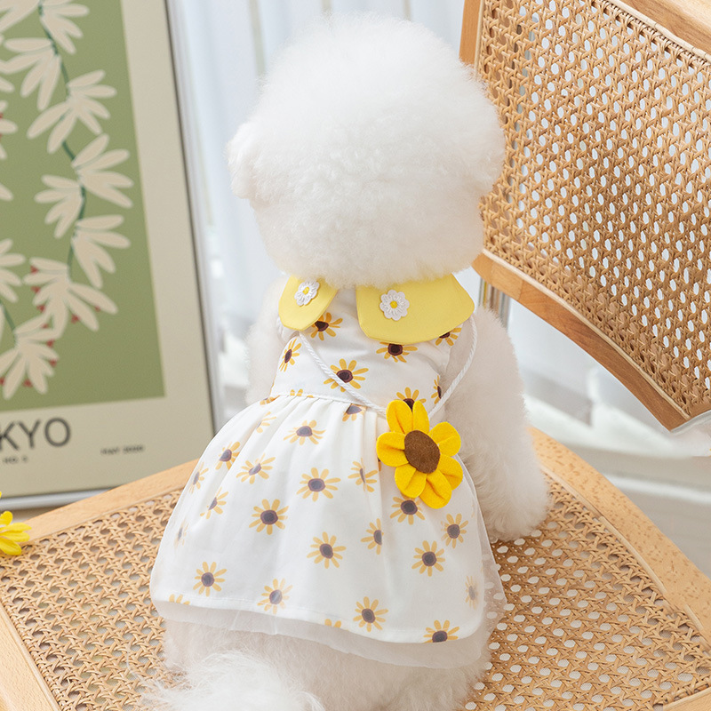 Perro primavera verano flor tridimensional flor girasol bolso chaleco falda gato mascota falda de verano vestido de dos pies
