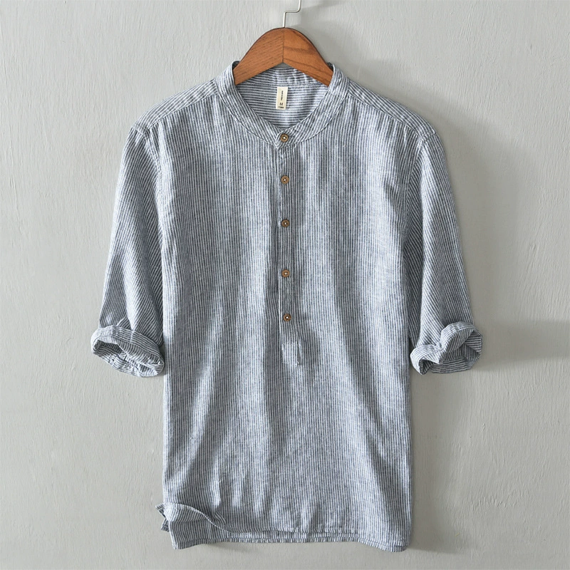 L718 Литературная короткая рубашка с V-образным вырезом, мужская полосатая рубашка с рукавом с семью точками, поколение волос