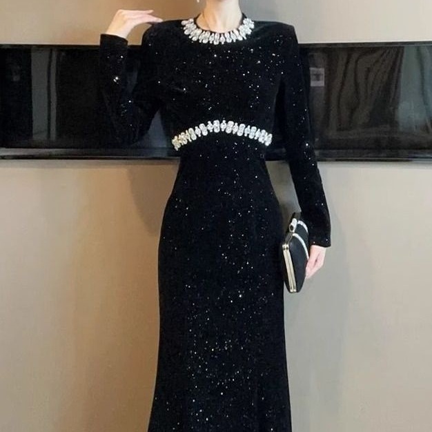 European-style Black For Women, Spring Collection, Heavy-duty Rhinestone Embellished Party Gown, Light Luxury Fishtail_ecoleips.com