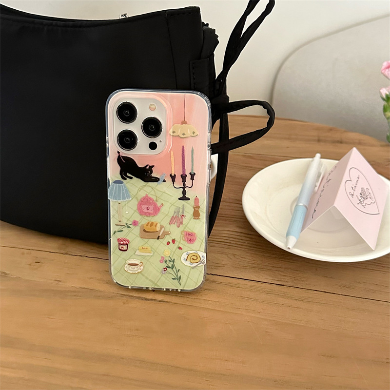 Pintura al óleo ilustración de gato a la luz de las velas para iphone15 funda para teléfono móvil 16ProMax dibujos animados 13 Apple 14 hembra 15PM