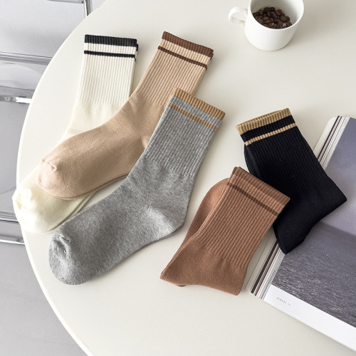 One-piece mechanism spring and autumn solid color simple two-bar striped mid-calf socks college style ins trend versatile sports trend socks