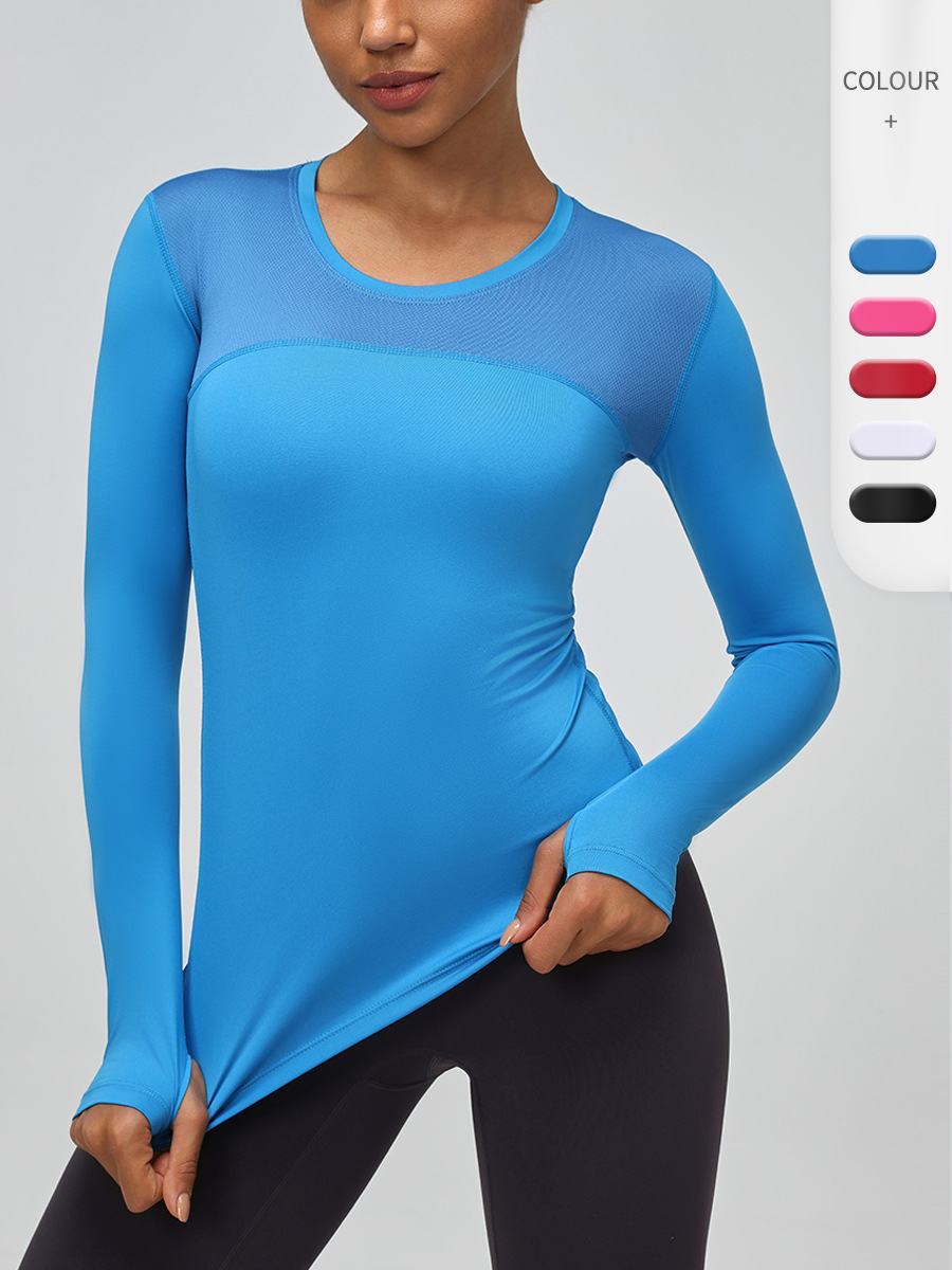 Women's tight PRO Fitness running yoga sports T-shirt sweat-wicking quick-drying mesh stitching stretch long sleeve 2029