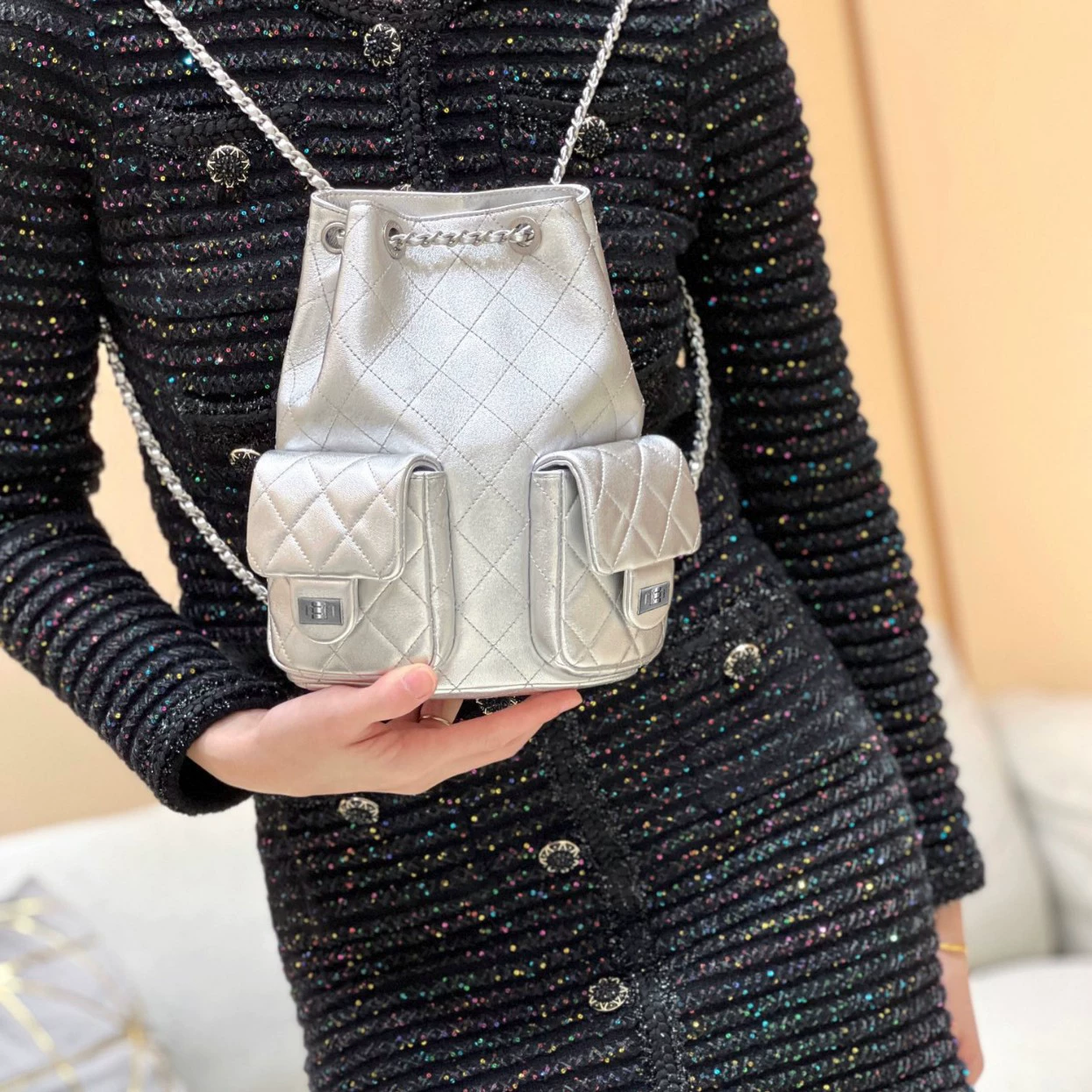 Корзина, рюкзак, цепь с узором diamonds, сумка-пиджак через плечо в стиле Chanel, шнуровка