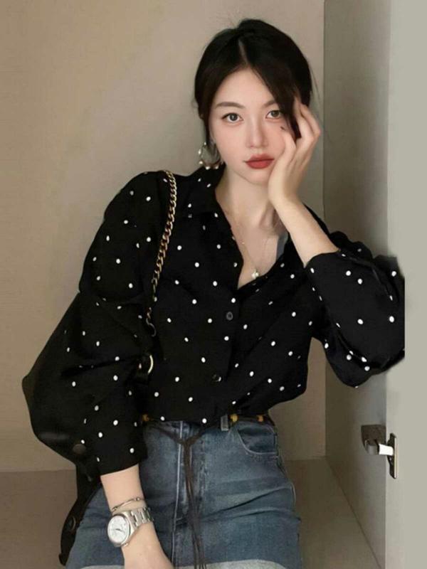 法式复古波点长袖衬衫女设计感小众秋季韩范气质百搭衬衣上衣中国|undefined