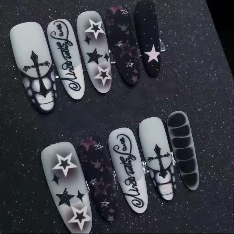 Dark Gothic Style Cross Pentagram Press-On Nails Matte Black and White Gradient English Style Sexy Fake Nail Stickers