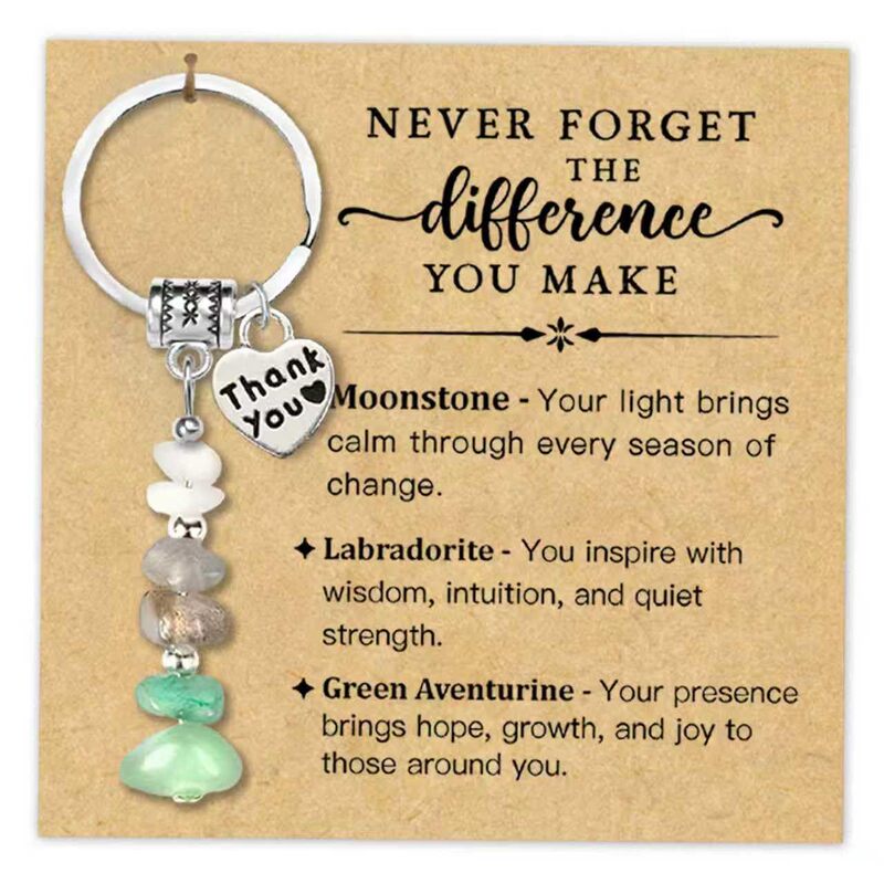 Crushed Stone Keychain Moonstone Labradorite Green Aventurine Thank Engraved Heart Pendant Crushed Stone Heart Keychain