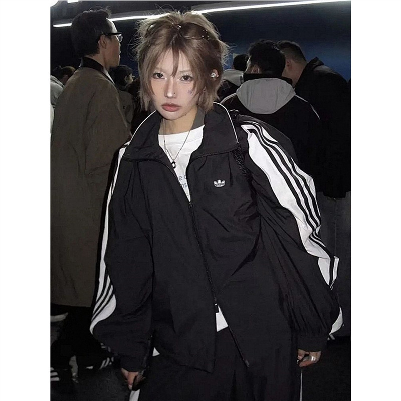 Three-Stripe Vintage Striped Woven Stand-Collar Jacket Set with Logo, Korean Style, Unisex Jx9204