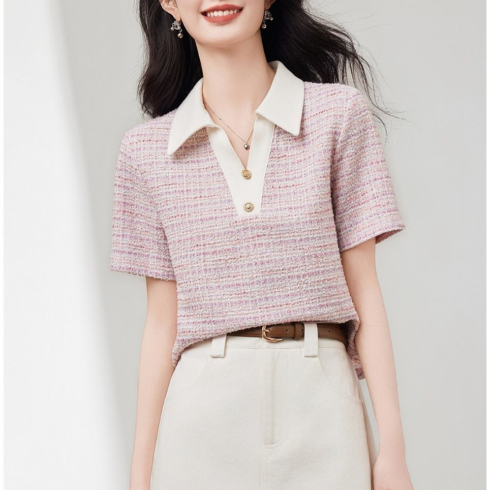 Áo thun ngắn tay cổ lật phong cách tiểu thơ, phối màu tương phản giảm tuổi — màu hồng chi tiết 1