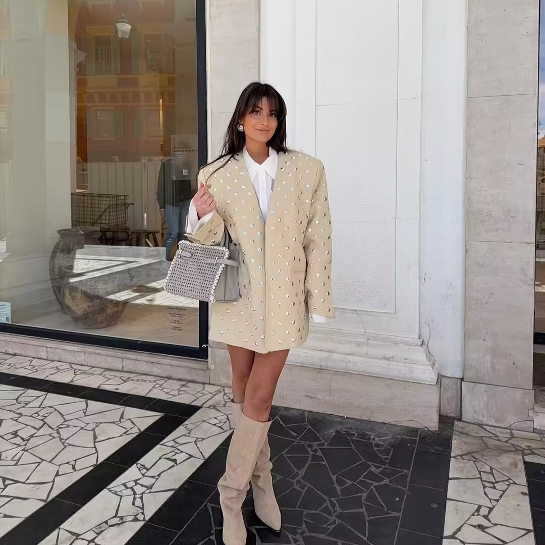 Aliexpress Cross-Border European and American Clothing Wholesale 2025 Autumn New Style Rivet Decorated Temperament Casual Suit Jacket