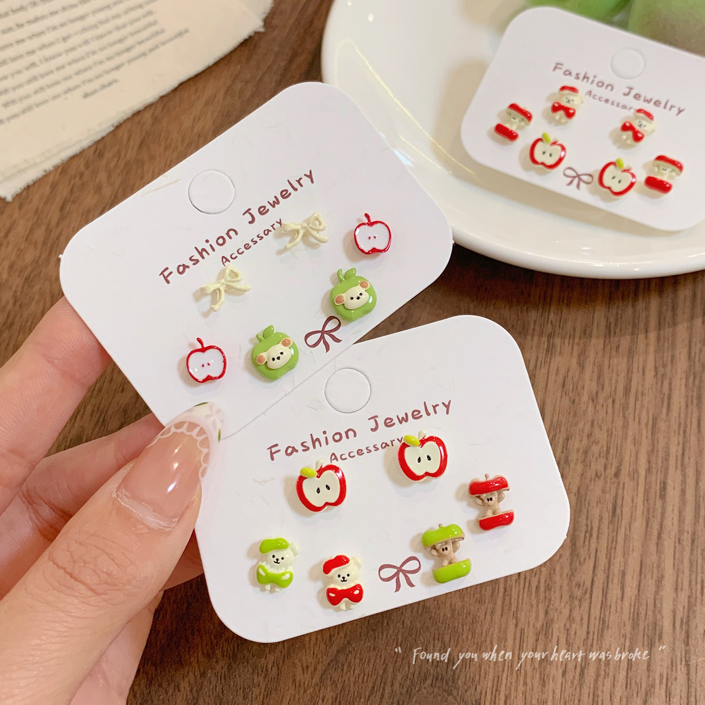 cartoon fun oil dripping apple bear ear studs three-piece set women‘s silver needle small exquisite and versatile white student earrings