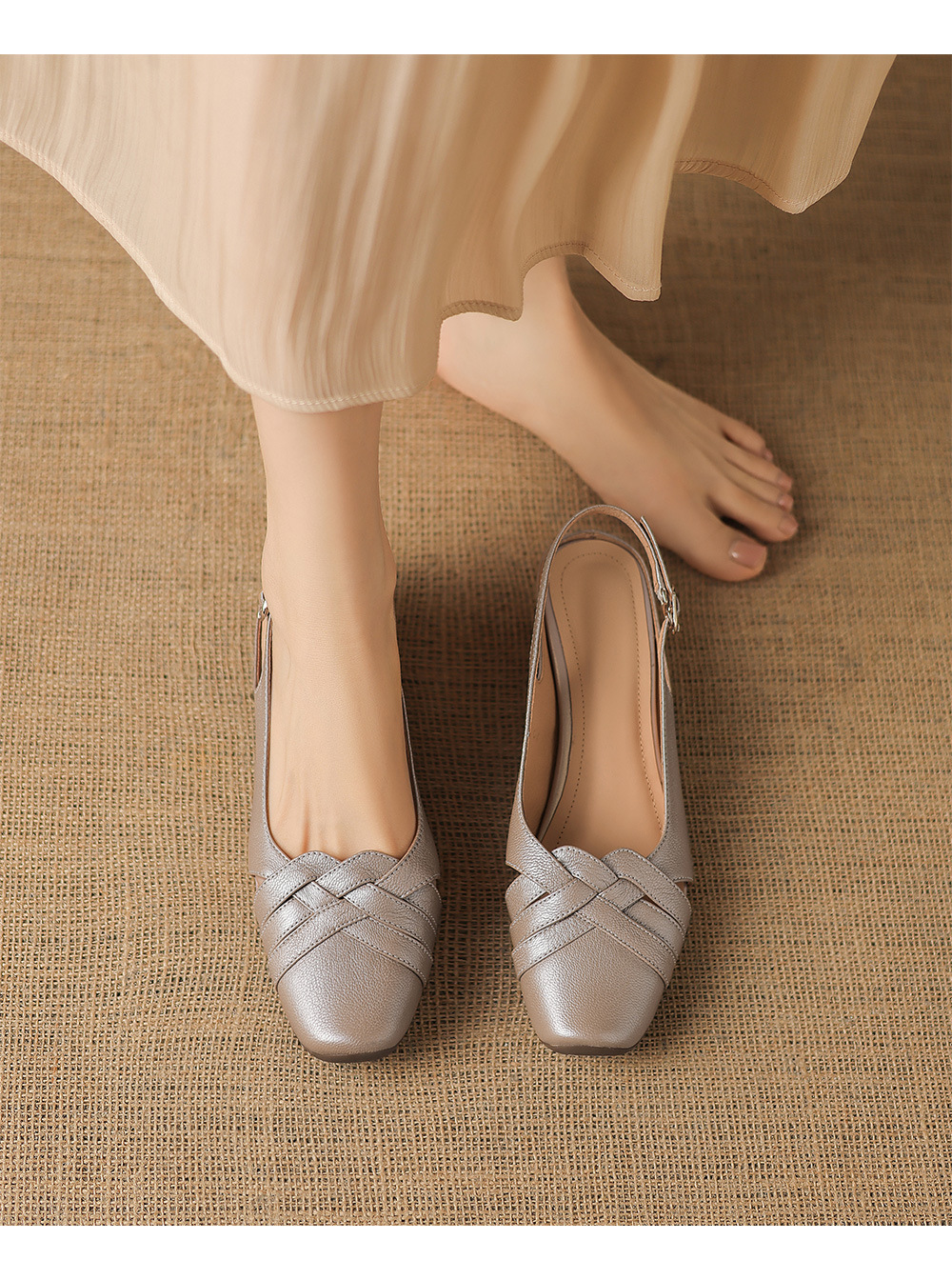 Sandal nữ mũi nhọn quai dệt gót thô 3.5 cm da cừu — Champagne màu chi tiết 1