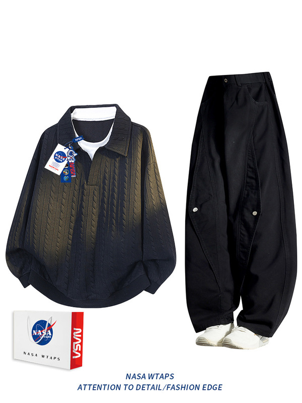NASA ABOUT美式假两件polo衫卫衣牛仔裤套装男款秋季潮休闲两件套|undefined