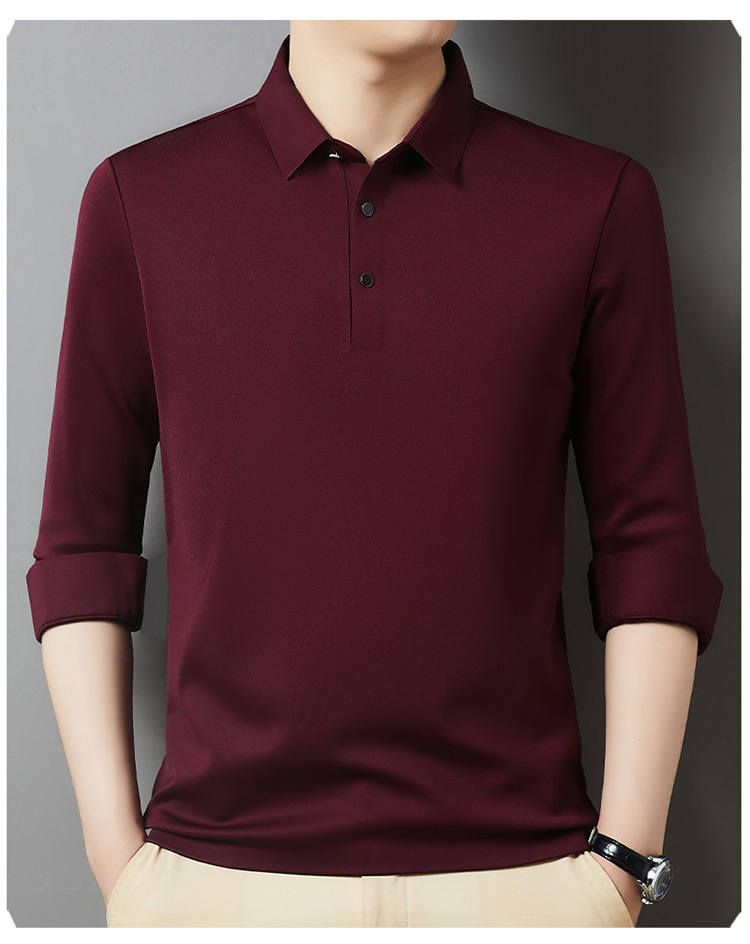 T-shirt a maniche lunghe da uomo in peluche spesso 2024 Autunno / inverno Nuova camicia di base in tinta unita con risvolto business di mezza età_voghion.com