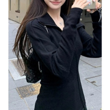 Yoh1i纸片人卫衣斜门襟拉链翻领上衣掐腰显瘦内搭秋上衣 2025秋冬