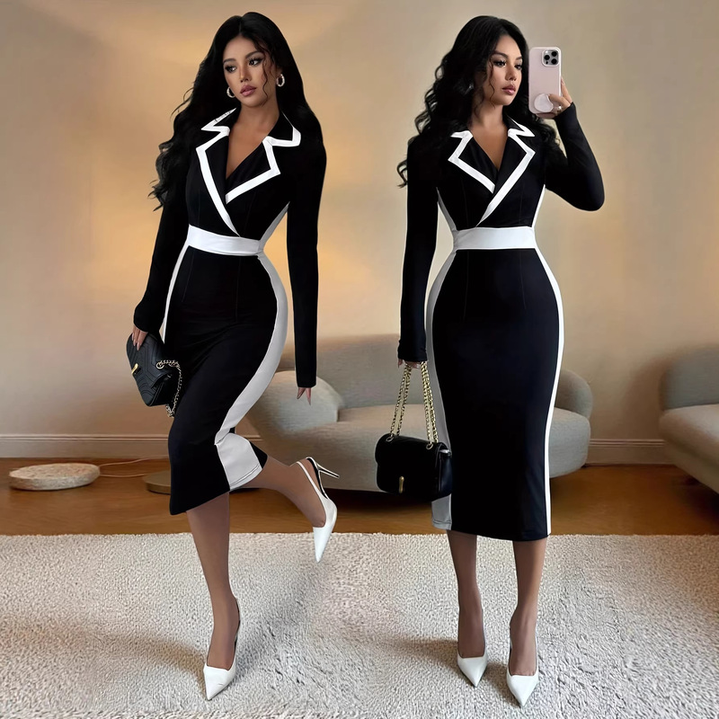 Women's Elegant Color-Blocked Suit Collar Slim-Fit Long-Sleeve Little Black Dress, European and American Style Women's Elegant Color-Blocked Suit Collar Slim-Fit Long-Sleeve Little Black Dress, European and American Style