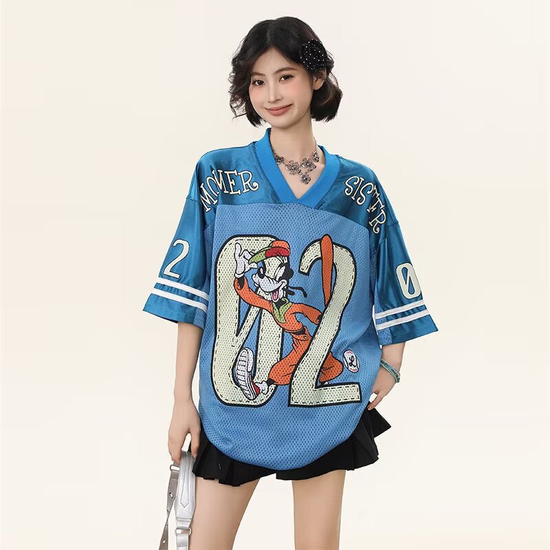 American Retro Sweet Sports Style V-Neck Mesh Short-Sleeved T-Shirt for Women Summer Loose Casual Cartoon Printed Jersey for Women