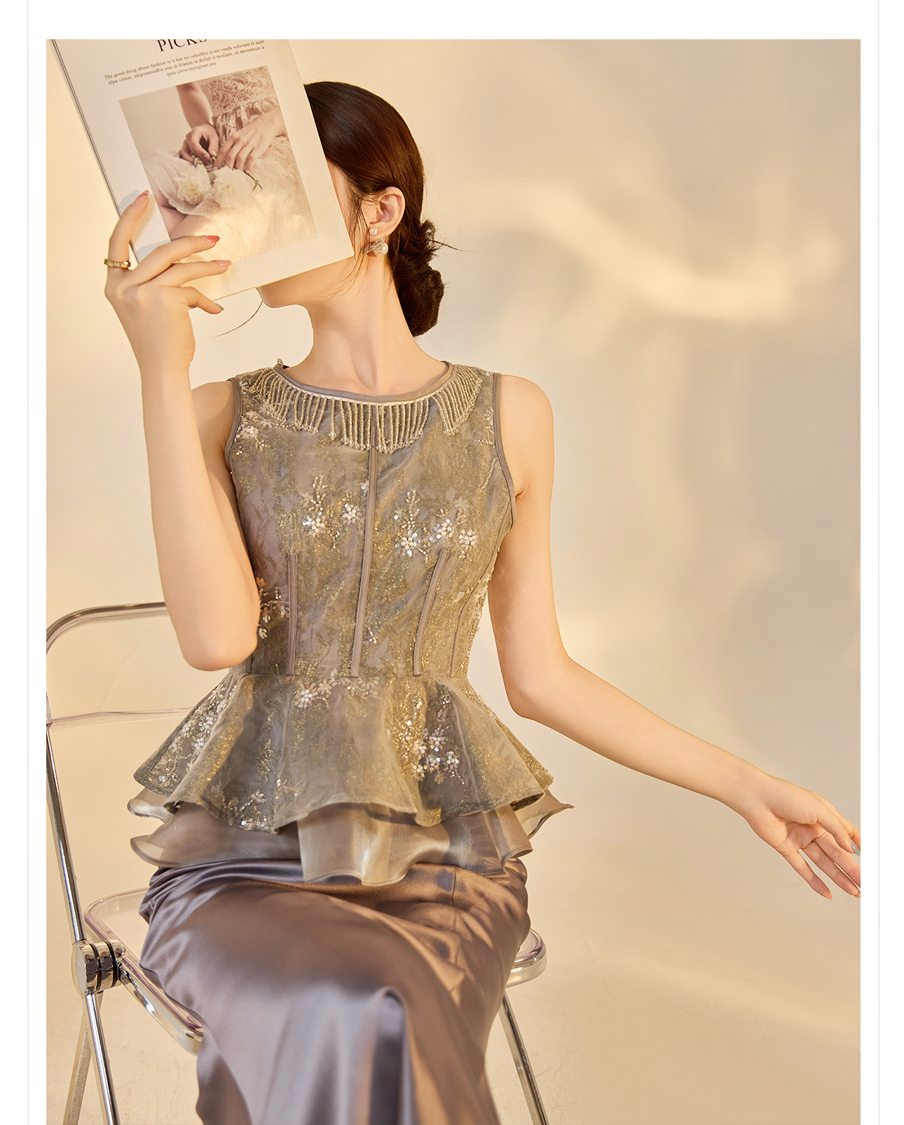 Set áo khoác jacquard thêu kim tuyến và chân váy phong cách Trung Hoa mới mùa hè — Màu xám nửa váy, Trang chủ chi tiết 2