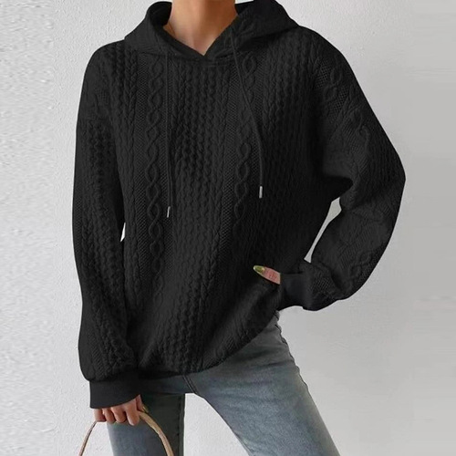 New European and American-style autumn plus-size casual jacquard hooded drawstring long-sleeved knitted sweatshirt