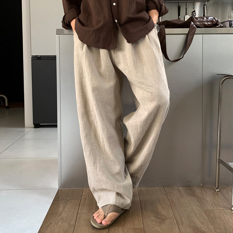Lightweight Linen Casual Long Pants for Men 2025 Summer New Korean Style Simple Lazy Floor-Length Pants Double Pleated Wide-Leg Pants