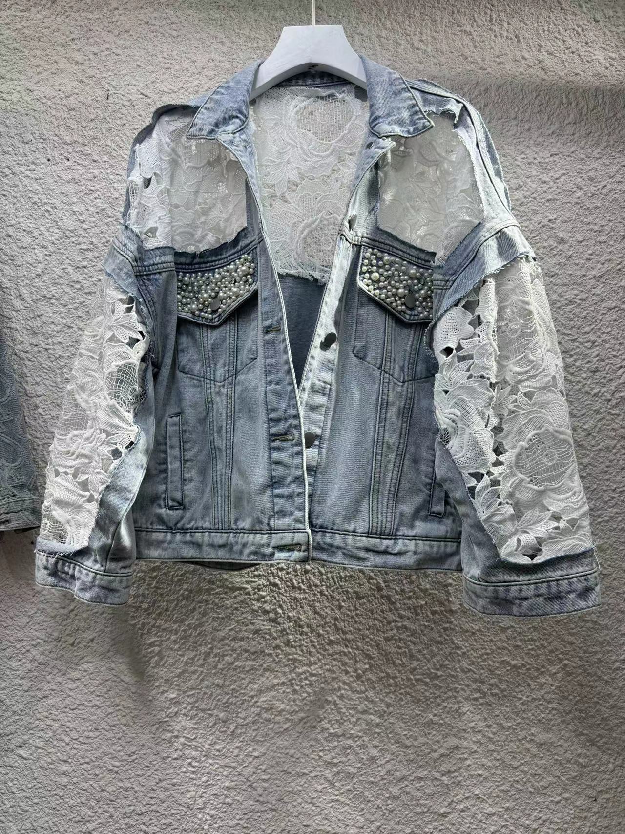 Sheer Embroidered Denim Jacket – Oversized Cropped Style With Lace Trim & UV Protection (S-XL, Light Wash, Casual-Chic Layering Essential)_mkmklike.com