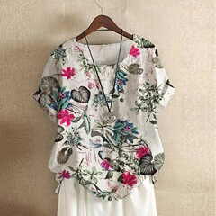 大きいサイズの婦人服の国風の復古のゆったりしているプリントの綿麻の半袖のtシャツの女性の2024夏の新型の亜麻の上着