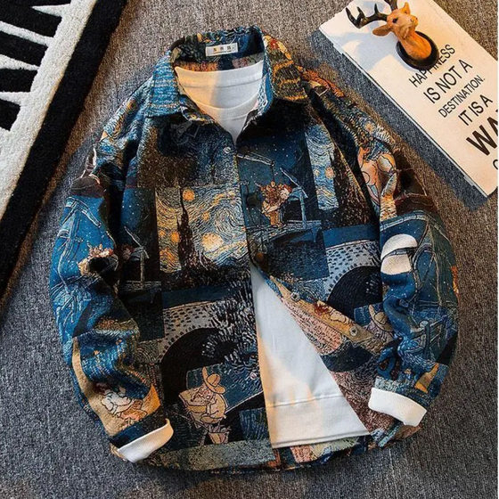 Men's American Style Vintage Van Gogh Oil Painting Shirt Men's Long Sleeve Trendy Brand Art Student Shirt Casual Jacket