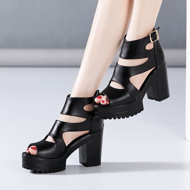High-Heeled Roman Sandals for Women, Summer 2025 New Style, Thick-Soled Waterproof Platform Peep-Toe Sandals, Versatile Hollow-Out Mom Boots