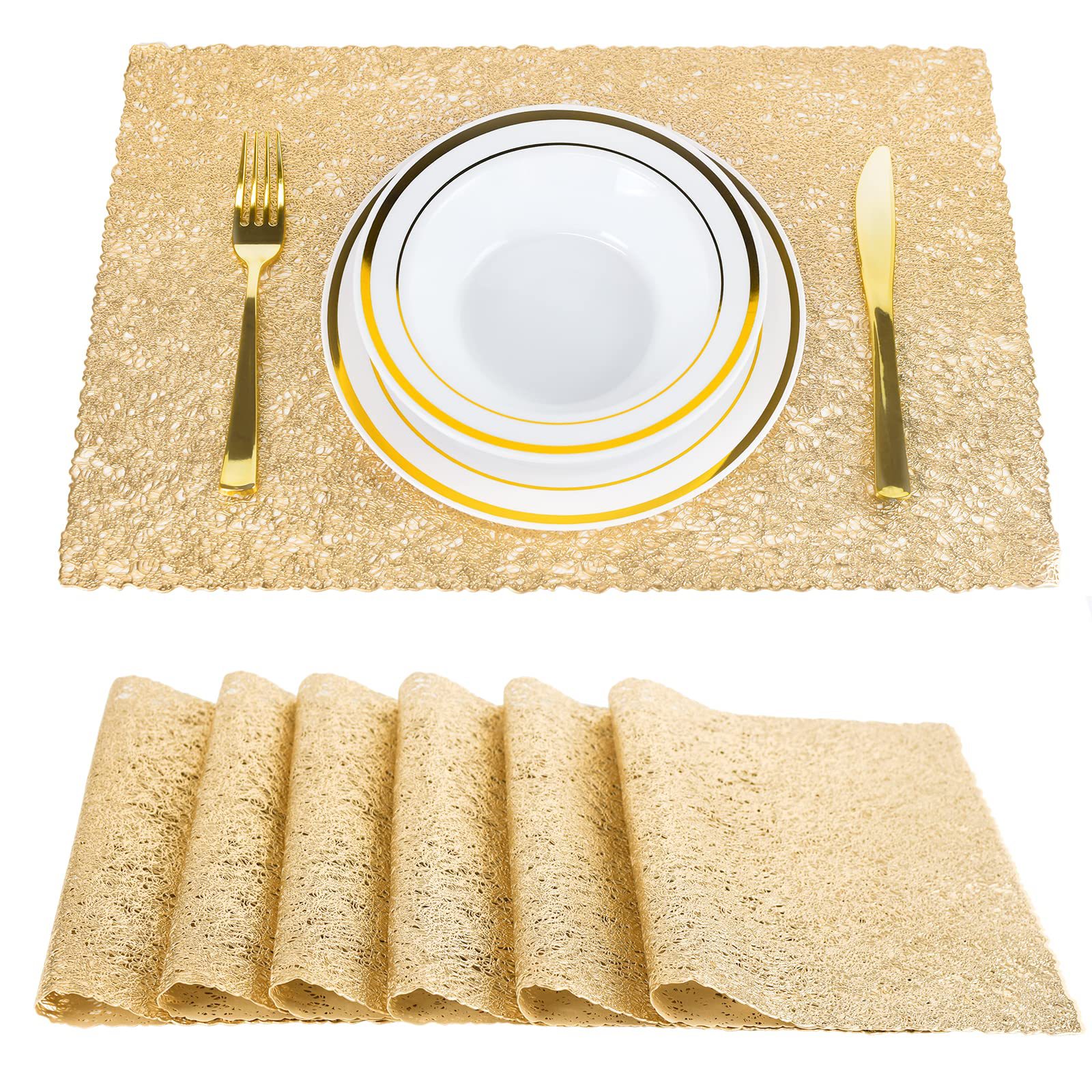 Dorado placemat PVC hueco wedding party Western table Mat mantel cuadrado impermeable placa estera montaña hotel al por mayor