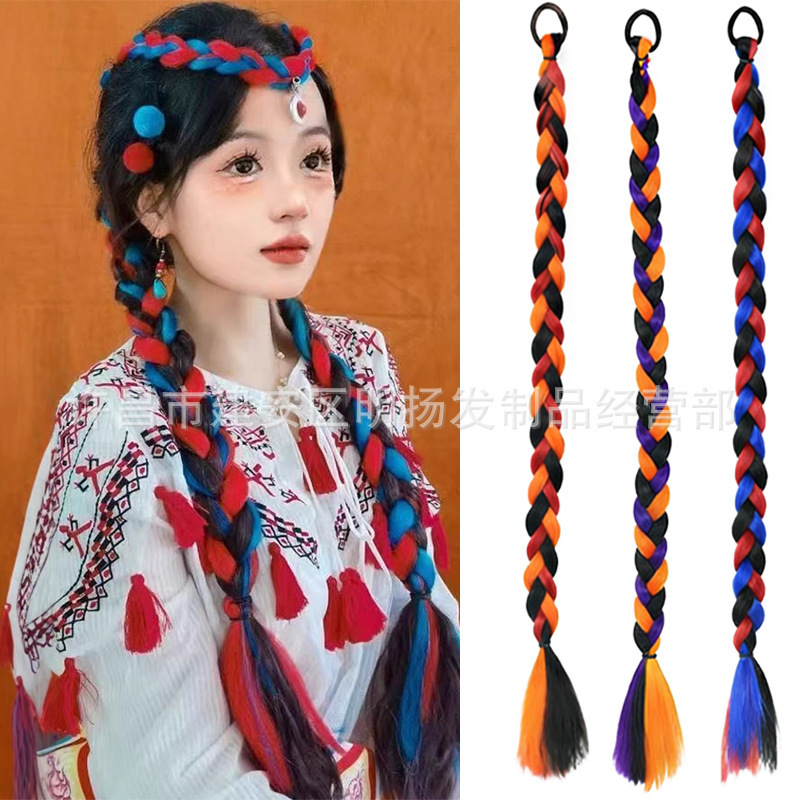 Xizang Headwear, Wig Braids, Super Long Braided Braids, Ethnic Style Colorful Braided Braids, Ponytail Braids Xizang Headwear, Wig Braids, Super Long Braided Braids, Ethnic Style Colorful Braided Braids, Ponytail Braids