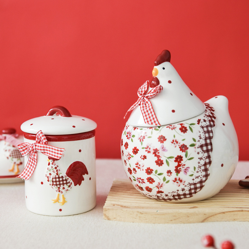 Easter Ins-Style Tableware Red Floral Chicken Ceramic Sealed Jar Storage Jar Creative Can-Shaped Storage