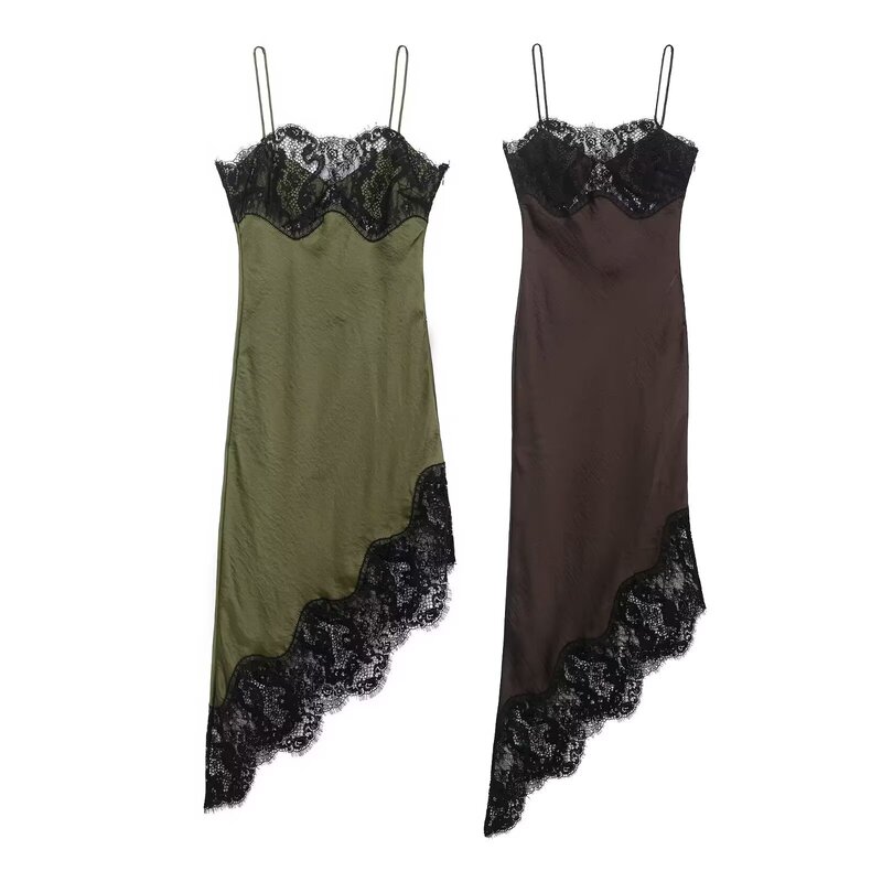 Z Cross-Border European and American Style 2025 New Fashion Elegant Women's Asymmetrical Lace Satin Dress 4772113