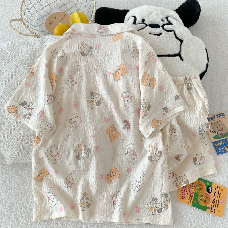 Pijama mujer nube algodón de manga corta pantalones cortos cardigan solapa de verano apertura en vivo dibujos animados transfronterizos dulce traje de servicio a domicilio